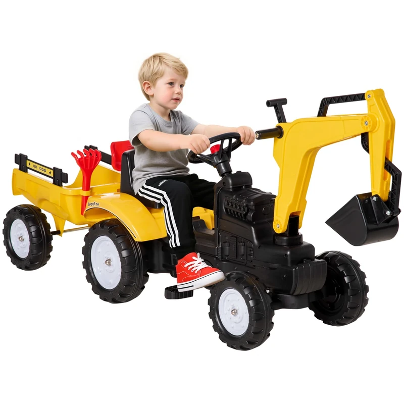 HOMCOM Ride On Tractor for Kids, 3 in 1 Ride On Digger Toy Car with Adjustable Arm & Manual Shovel and Removable Trailer, Pretend Play Construction Truck for 3-6 Years