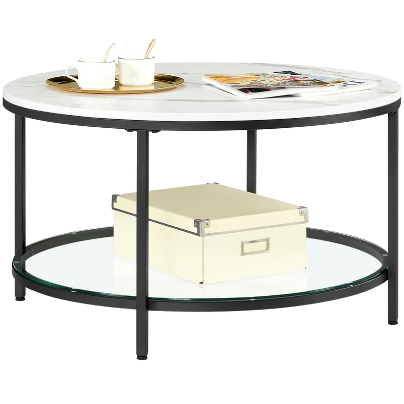VASAGLE Coffee Table, Living Room Table, Marble Style, Tempered Glass Stand, Easy to Assemble, Modern Style, Marble White and Ink Black LCT071B13