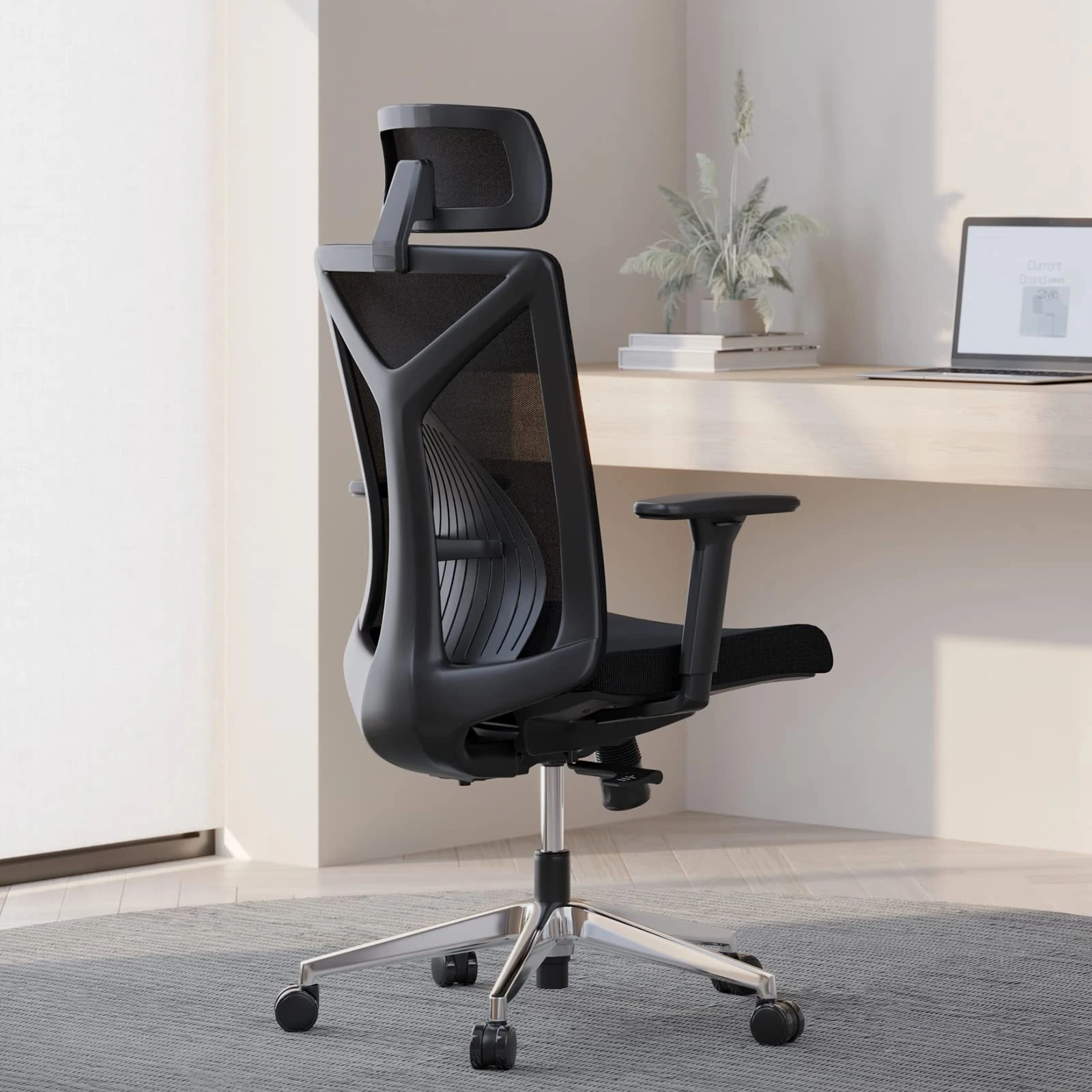 Novilla Mesh Computer Office Chair, Home Swivel Ergonomic Desk Chair, High Back Executive Chair With Adjustable Lumbar Support, Height, Backrest, 3D PU Armrests And Headrest, PU Wheels, Black