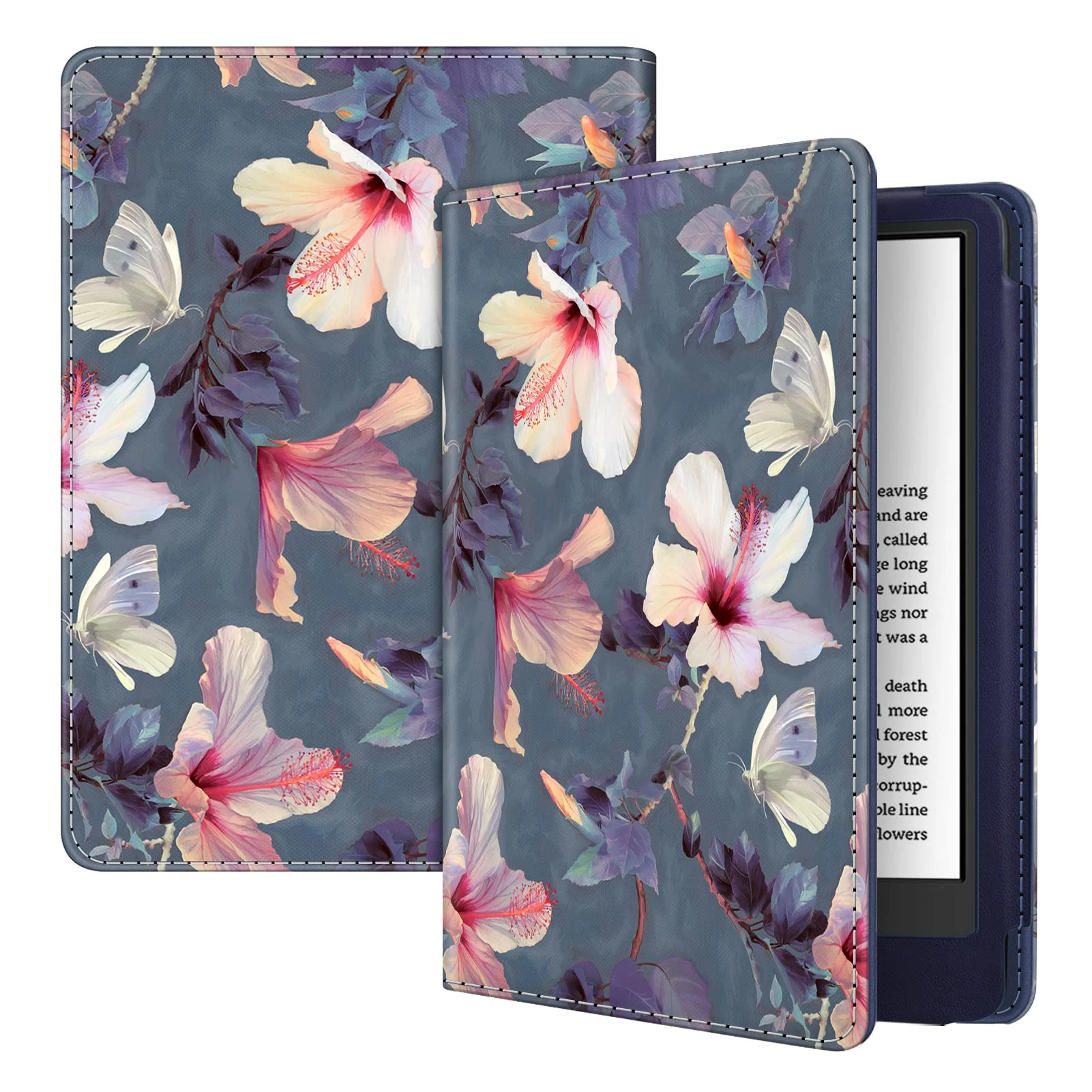 FINTIE Folio Case for 6" All-New Kindle (11th Generation)- 2024/2022 Release, Book Style Vegan Leather Shockproof Cover with Auto Sleep/Wake, Z-Blooming Hibiscus