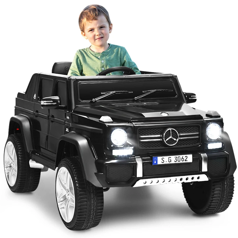 GYMAX Kids Ride on Car, 12V Battery Powered Licensed Mercedes Benz Toy Car with Remote Control, Music, Story, USB/TF Slot, Storage Box & Safety Belt, Children Electric Truck for 3-8 Years Old (Black)