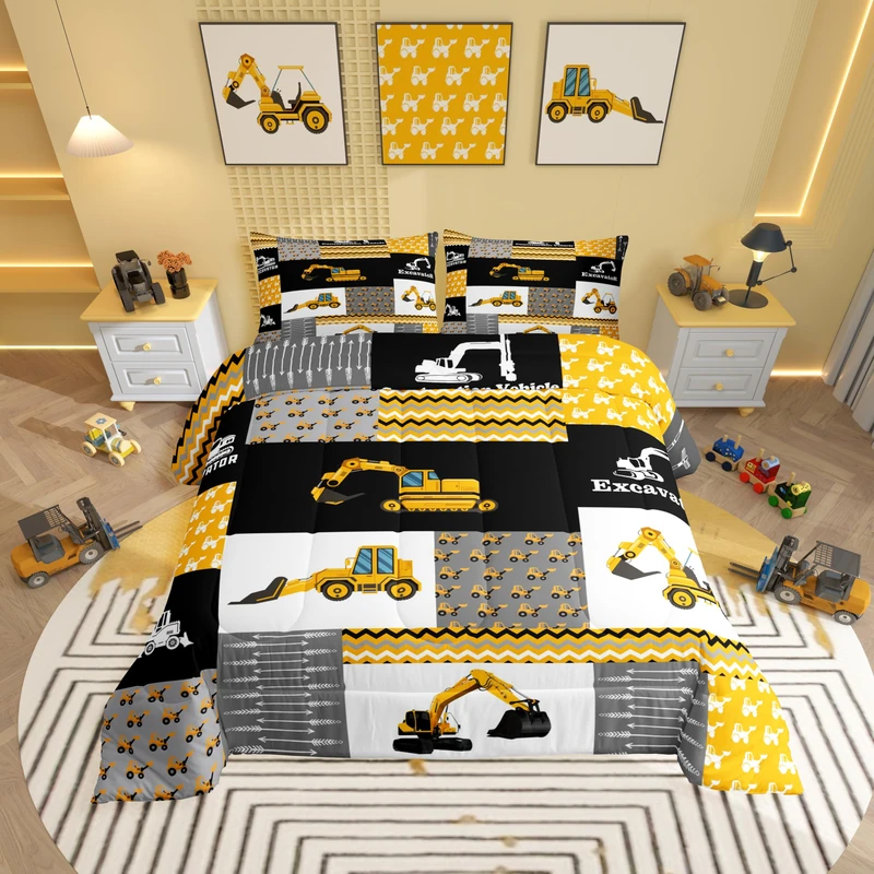 Excavator Comforter Construction Vehicles Comforter Set Equipment Trucks Bedding Set for Children Kids Boys Girls Cartoon Car Duvet Set Geometric Lattice Room Decor Quilt Set Queen Size