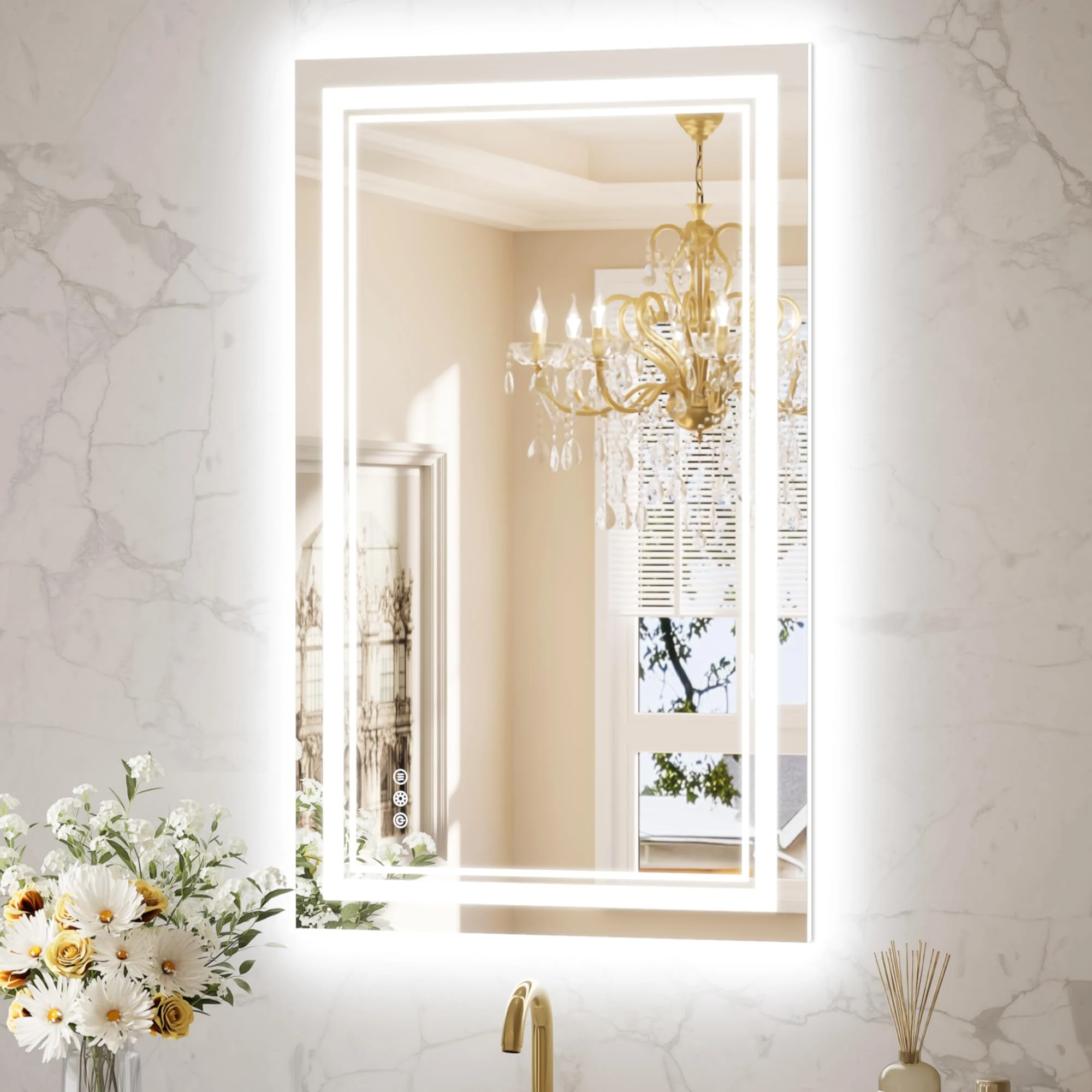 Keonjinn LED Bathroom Mirror 40” x 24” with Frontlit and Backlit, Stepless 3 Colors Temperature & Dimmable Vanity Mirror, UL Listed LED Driver, Double Light Strips, Anti-Fog Wall Mirror with Lights