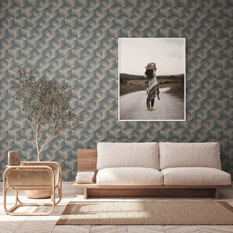 A.S. Création 3D Wallpaper Blue Beige PVC-Free - Wallpaper 385063 - Non-Woven Wallpaper Geometric - 10.05 m x 0.53 m - Made in Germany