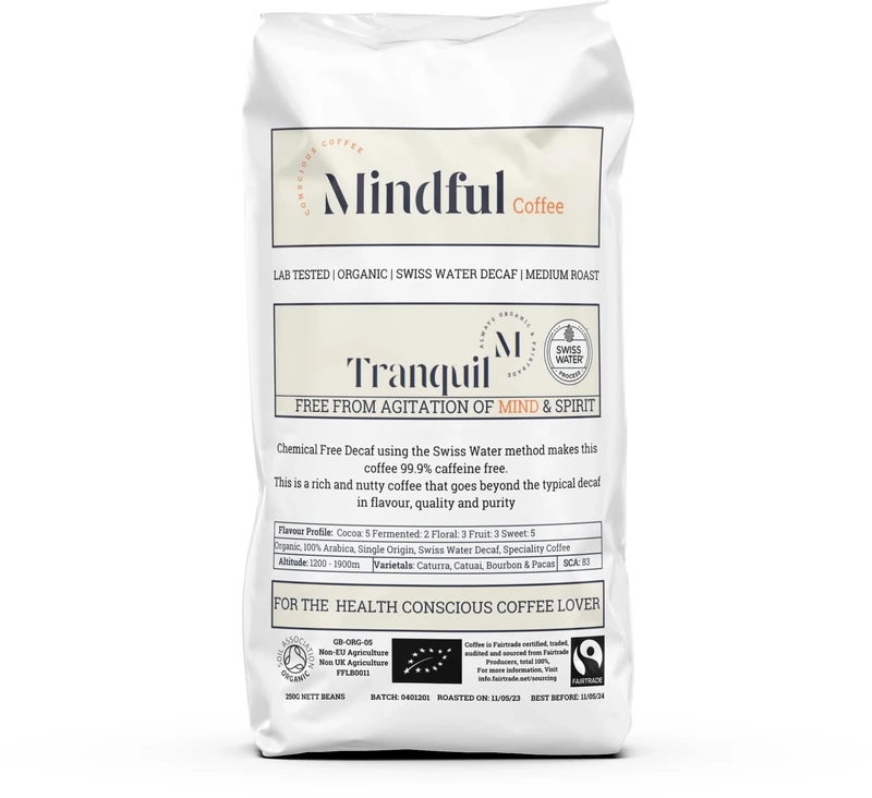 Mindful Coffee - Tranquil | Organic Swiss Water Decaf | Mycotoxin Free - Lab Tested | Freshly Roasted (Espresso, 250G)