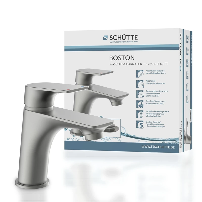 SCHÜTTE Boston 33212 Bathroom Tap Graphite Matt Wash Basin Mixer Tap Grey Modern Single Lever Mixer Tap with Drain Fitting, Basin Mixer Tap for Your Bathroom