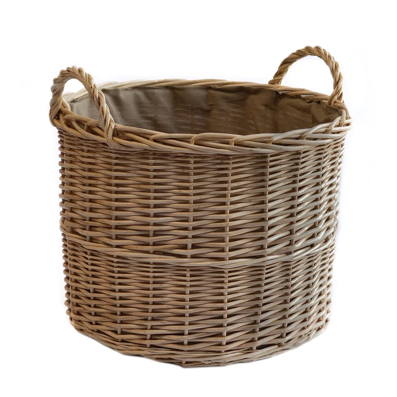Arthur Cameron Deluxe Circular Wicker Log Basket with Handles & Lining - Large Wicker Storage Basket, Round Log Basket, Round Basket (Small, Antique Wash)