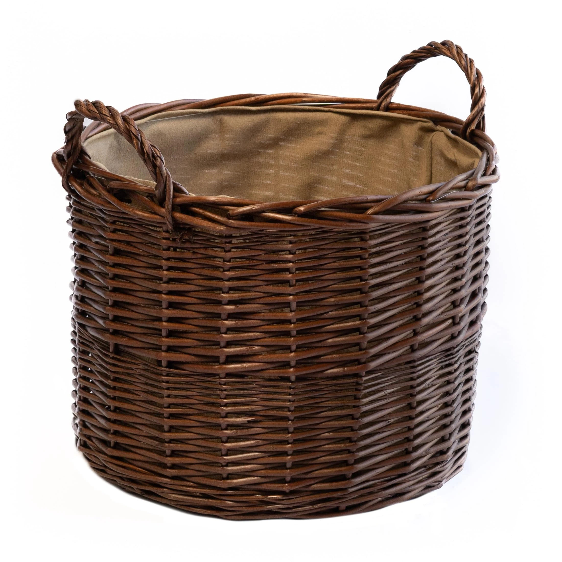 Arthur Cameron Deluxe Circular Wicker Log Basket with Handles & Lining - Large Wicker Storage Basket, Round Log Basket, Round Basket (Small, Distilled Brown)