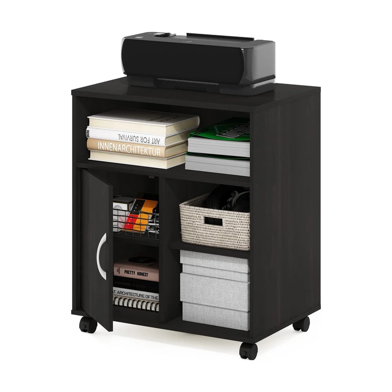 Furinno ECON Printer Stand with Storage, Under Desk Printer Stand, Printer Table with Wheels, Open Shelves & Closed Cabinet, for CPU, Office Supplies, Home Office, Espresso - Image 1