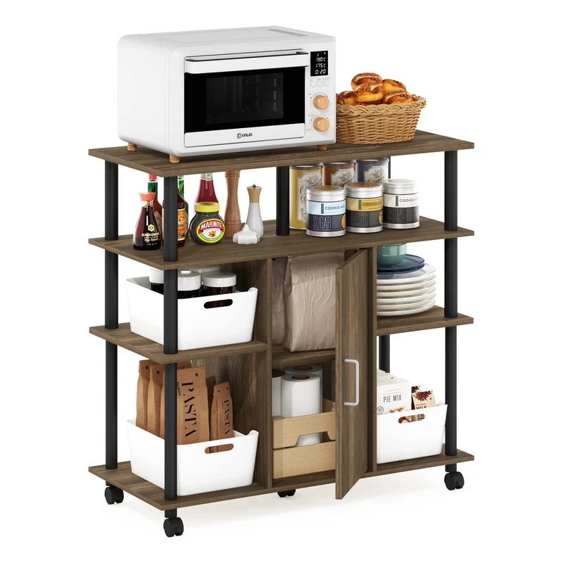 Furinno HELENA Bakers Rack with Wheels, 4-Tier Rolling Kitchen Island, Kitchen Cart, with Closed Cabinet, Coffee Bar, Pantry Organizers and Storage, Columbia Walnut
