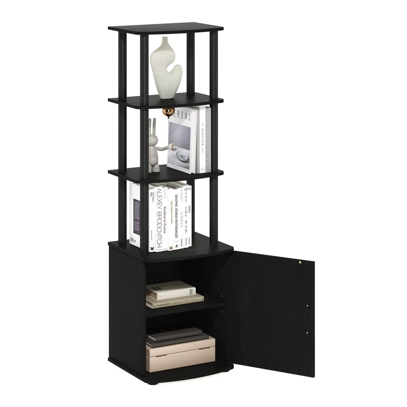 Furinno TURN-N-TUBE 3-Tier Display Rack with Storage Cabinet, Storage Shelves, Book Shelf, Bookcase with Door, for Organization and Storage, Living Room, Home Office, Blackwood