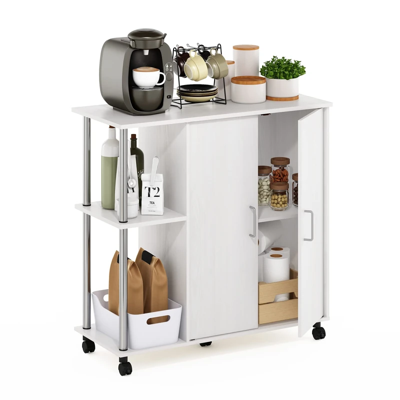 Furinno HELENA Bakers Rack with Wheels, 3-Tier Rolling Kitchen Island, Kitchen Cart, with Closed Cabinet, Coffee Bar, Pantry Organizers and Storage, White Oak - Image 1