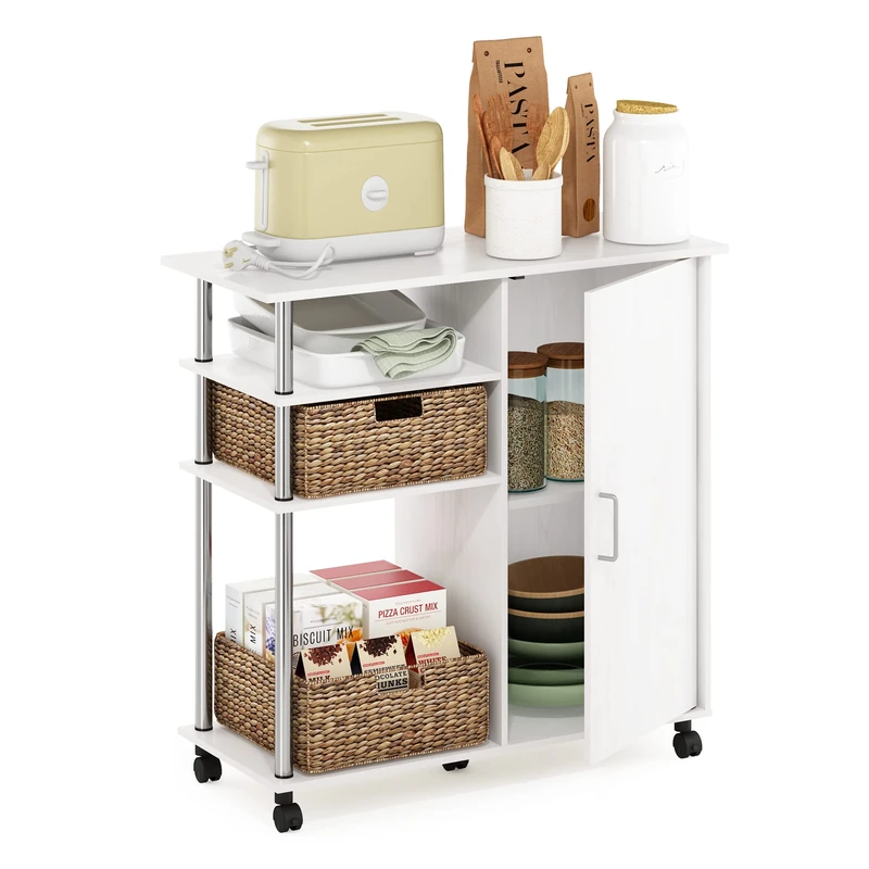 Furinno HELENA Bakers Rack with Wheels, 4-Tier Rolling Kitchen Island, Kitchen Cart, with Closed Cabinet, Coffee Bar, Pantry Organizers and Storage, White Oak