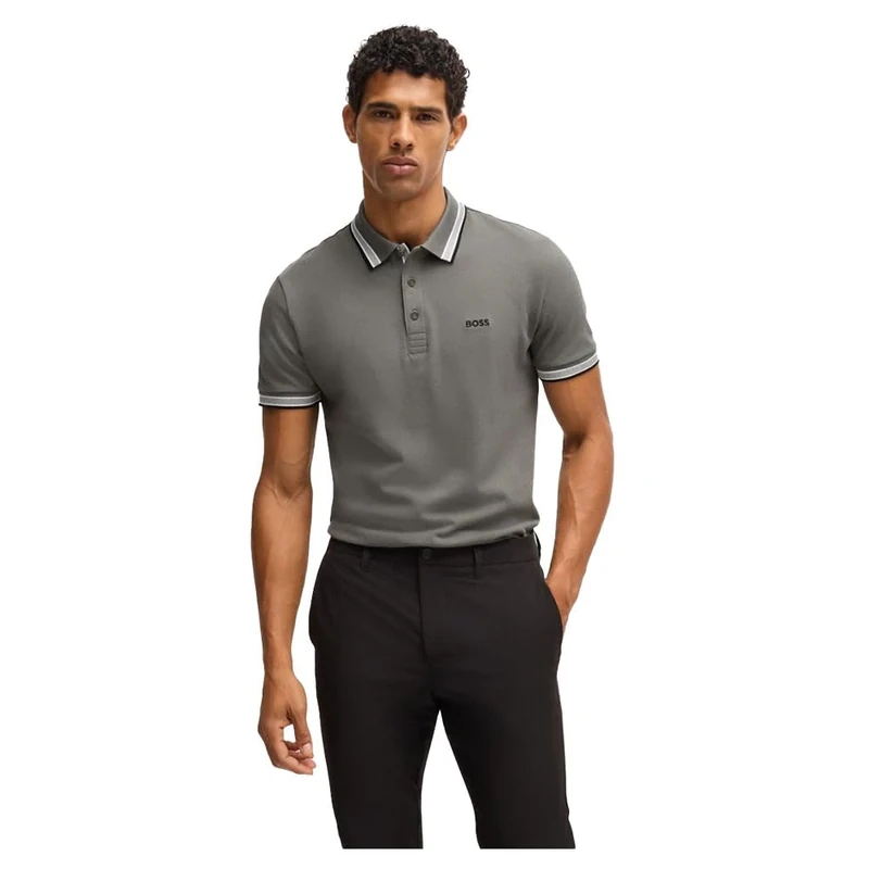 BOSS Men's Paddy Organic Cotton Logo Polo Shirt, Light/Pastel Grey, XS