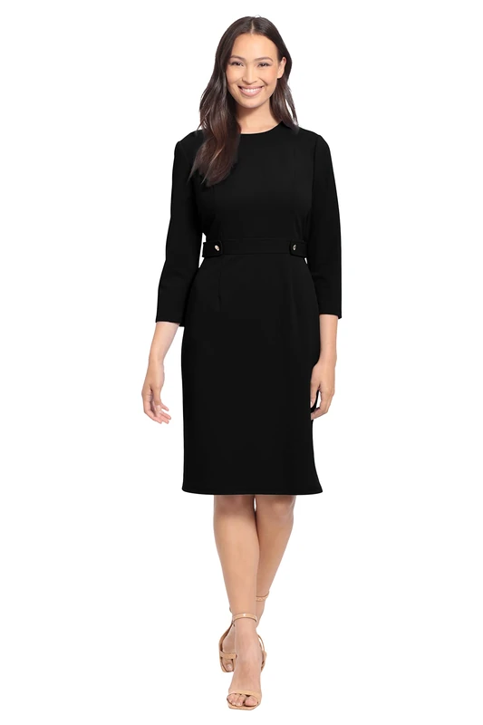 London Times Women's Work Office Business Sheath Dress with Button Waist Detail, Black, 12 Petite
