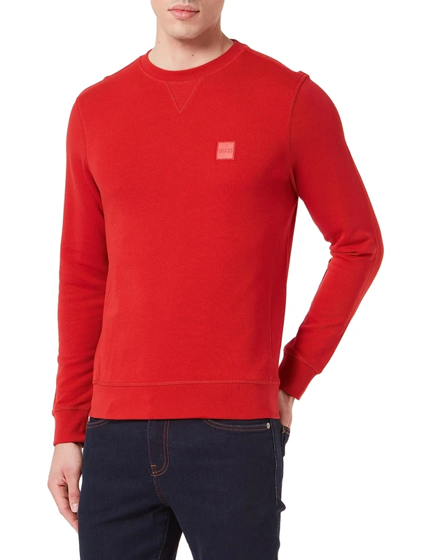 BOSS Men's Westart Relaxed Fit Cotton Sweatshirt with Logo Patch, Bright Red624, XL