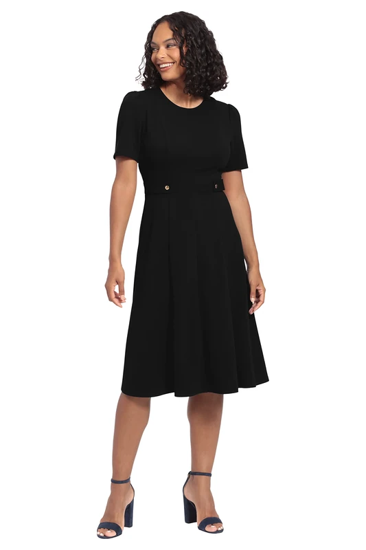 London Times Women's Dresses Short Sleeve Crepe Fit and Flare Midi with Waist Button Detail, Black, 16