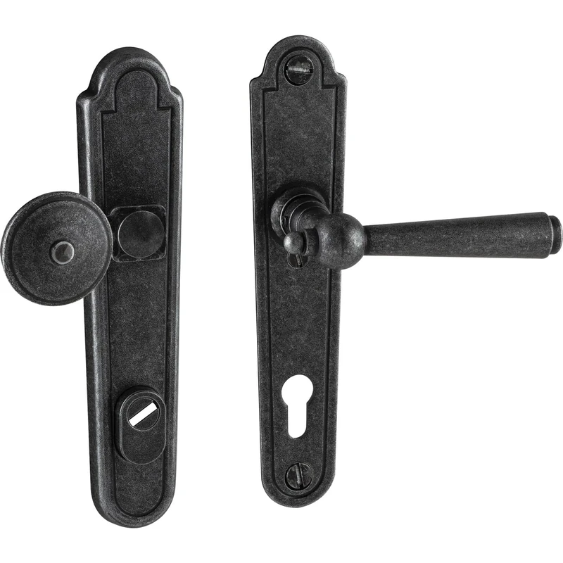 HALCÖ Kaltenbach Interchange Set Door Handle and Door Knob on Door Plate PZ 88 Antique Right with Core Pull Protection Galvanised Iron Black Passivated