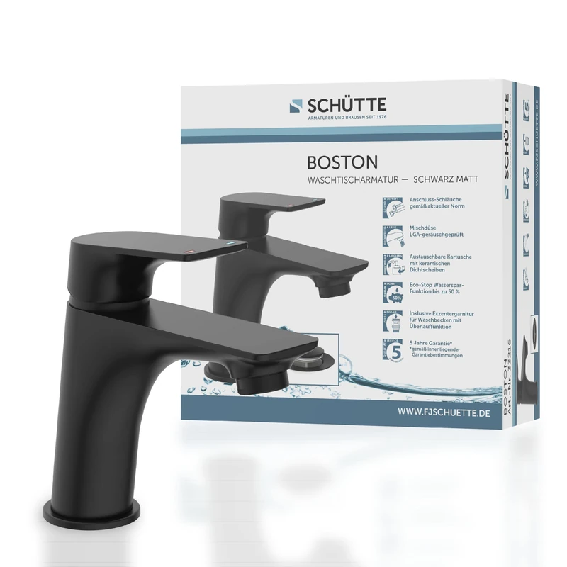 SCHÜTTE 33216 Boston Bathroom Tap Matt Black Basin Mixer Tap Sink Black Modern Single Lever Mixer Tap with Drain Fitting for Your Bathroom