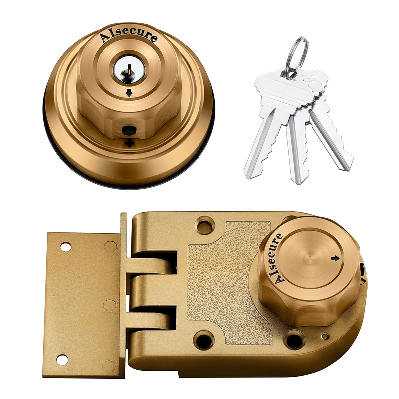 AIsecure Twist to Lock Jimmy Proof Deadbolt Lock Keyless with Unpickable Night Latch&Anti-Mislock Button,304 Stainless Steel Heavy Guard Security Single Cylinder&SC Keys,Prohibits Forced Entry,Brass