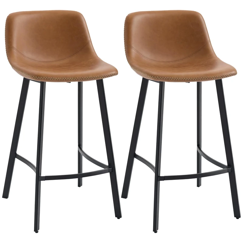 HOMCOM Bar Stools Set of 2, PU Leather Upholstered Barstools with Backrest, Footrest and Steel Legs, Dining Stools for Kitchen, Counter, Breakfast Bar, Brown
