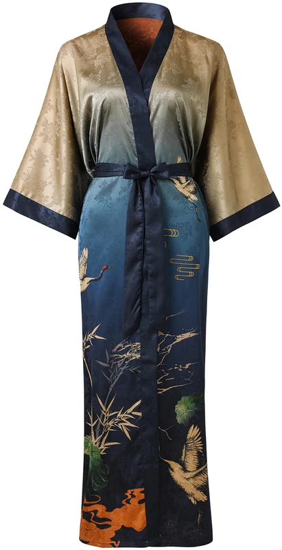 Ledamon Women's Kimono Long Robe - Classic Floral Bathrobe Nightgown (Polyester, Grey - Blue)