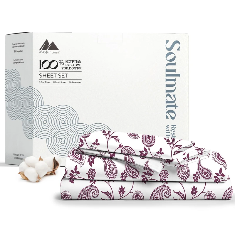 500 Thread Count Bed Sheets 100% Egyptian Cotton Sheets Set - Paisley Blush Long-Staple Cotton Twin XL Sheet for Bed, Fits Mattress Upto 16'' Deep Pocket, Soft & Silky Sateen Weave Sheets
