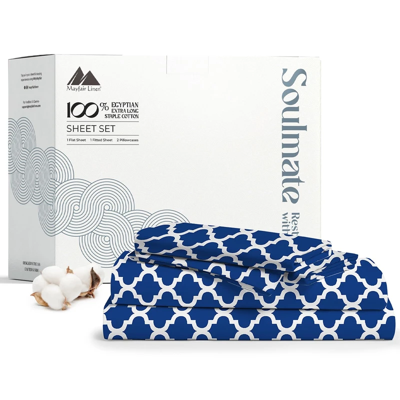 500 Thread Count Bed Sheets 100% Egyptian Cotton Sheets Set - Quatrefoil Navy Long-Staple Cotton Full Sheet for Bed, Fits Mattress Upto 16'' Deep Pocket, Soft & Silky Sateen Weave Sheets
