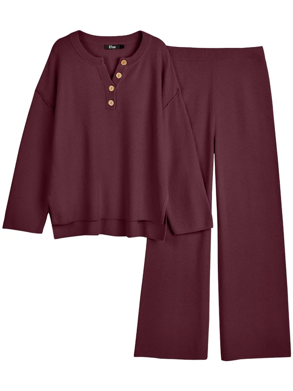 LILLUSORY Women's 2 Piece Lounge Sets Oversized Slouchy Matching Cozy Knit Sets, Red, M