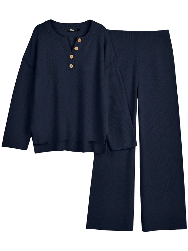 LILLUSORY Women's 2 Piece Lounge Sets Oversized Slouchy Matching Cozy Knit Sets, Navy Blue, L