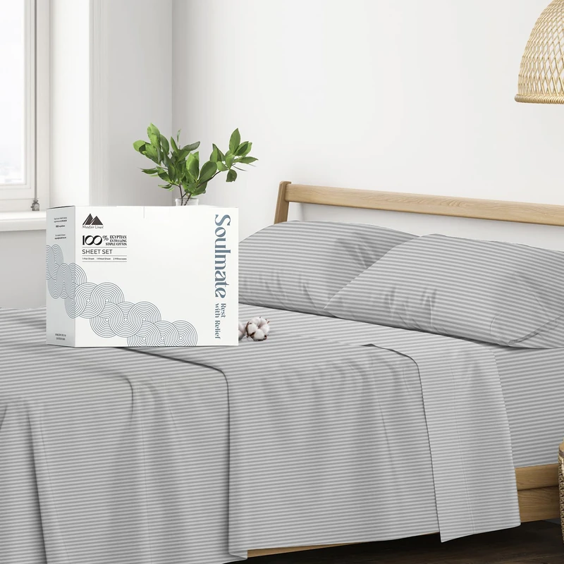 Mayfair Linen 500 Thread Count 100% Egyptian Cotton Striped Silver Long Staple Cotton King Size Fits Mattresses Up To 16" Deep Pocket Soft Silky Satin Flat Sheet Set