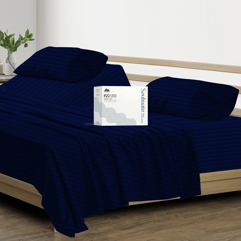 Bettlaken-Set mit Fadenzahl 500, 100% ägyptische Baumwolle, gestreift, Marineblau, langstapelige Baumwolle, passend für Matratzen bis zu 40.6 cm tiefe Tasche, weiche und seidige Satin-Bettlaken