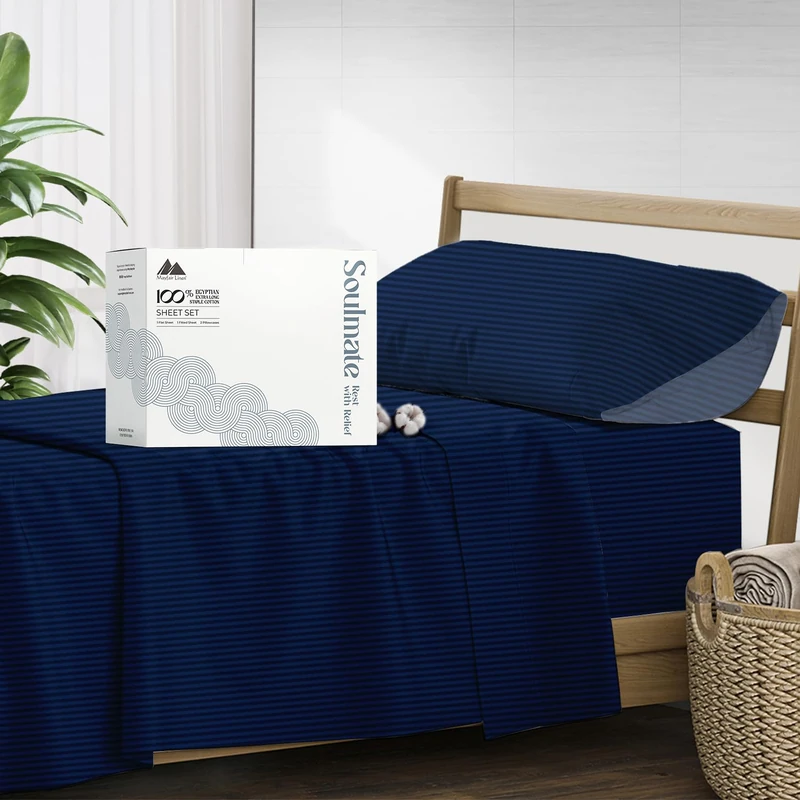Bettlaken-Set mit Fadenzahl 500, 100% ägyptische Baumwolle, gestreift, Marineblau, langstapelige Baumwolle, passend für Matratzen bis zu 40.6 cm tiefe Tasche, weiche und seidige Satin-Bettlaken