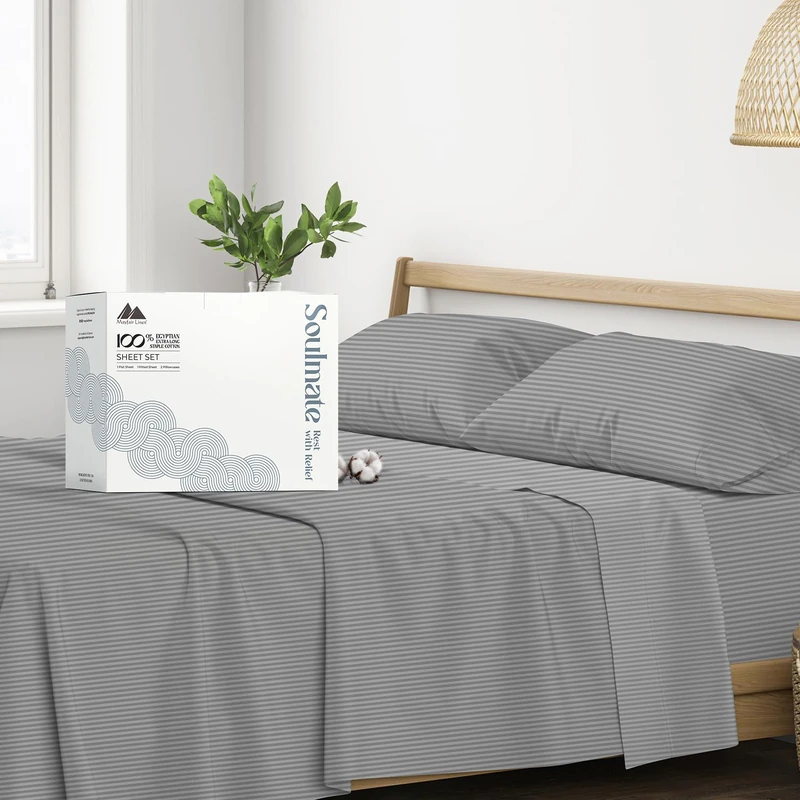 500 Thread Count Bed Sheets 100% Egyptian Cotton Striped Sheets Set - Dark Grey Long-Staple Cotton California King Sheet for Bed, Fits Mattress Upto 16'' Deep Pocket, Soft & Silky Sateen Weave Sheets