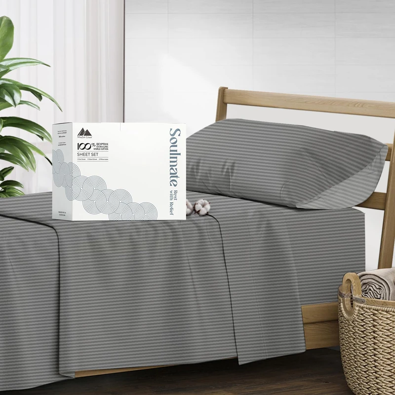 500 Thread Count Bed Sheets 100% Egyptian Cotton Striped Sheets Set - Dark Grey Long-Staple Cotton Twin Sheet for Bed, Fits Mattress Upto 16'' Deep Pocket, Soft & Silky Sateen Weave Sheets