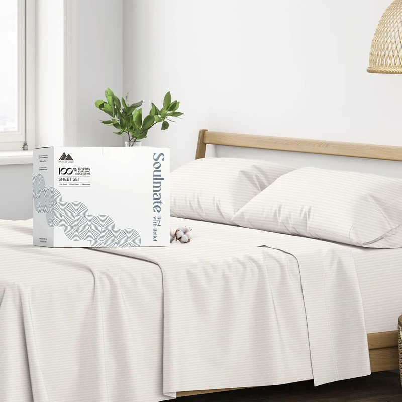 Mayfair Linen 100% Egyptian Cotton California King Sheet Set - Luxury 500 Series Soulmate Collection Cotton Sheets Cal King Size 4 PC Set (Beige - Stripe), Soft, Cooling 16" Deep Pocket Hotel Sheets