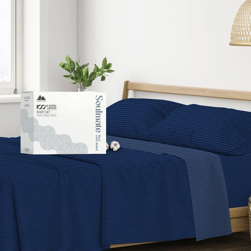 Bettlaken-Set mit Fadenzahl 500, 100% ägyptische Baumwolle, gestreift, Marineblau, langstapelige Baumwolle, passend für Matratzen bis zu 40.6 cm tiefe Tasche, weiche und seidige Satin-Bettlaken