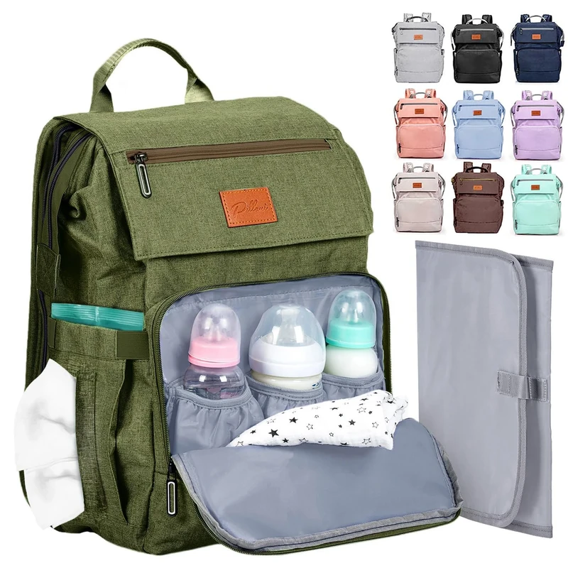 PILLANI Baby Diaper Bag Backpack - Baby Bag for Boys & Girls, Diaper Backpack - Large Travel Diaper Bags w/Changing Pad - Baby Registry Search & Shower Gifts, Newborn Essentials & Items for Mom,Green