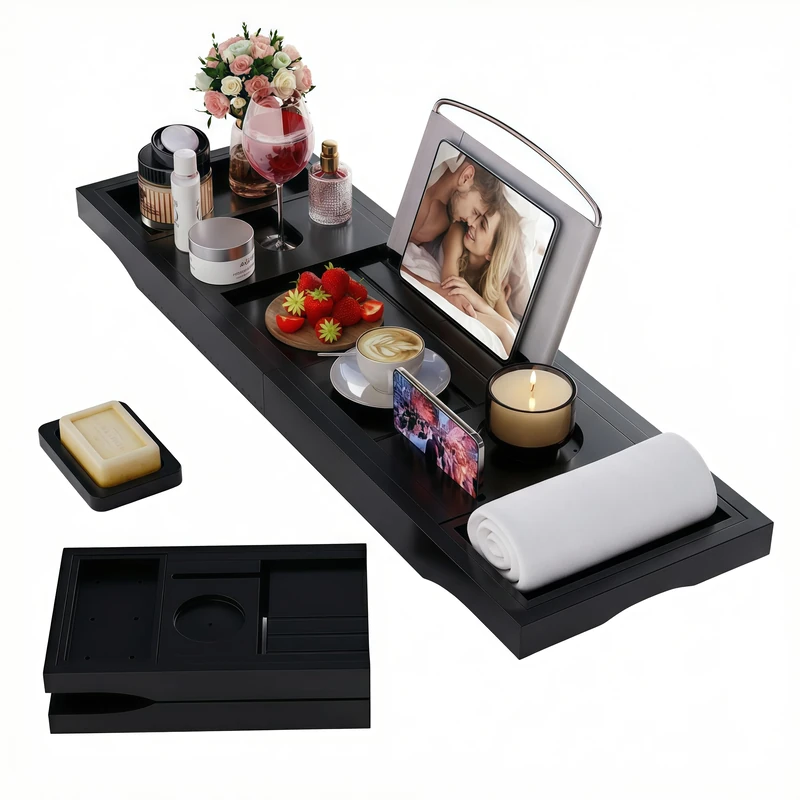 Foldable Bathtub Plate, Bamboo, Bath Shelf with Wine Glass Holder, Book Holder, Telephone, Tablet with Pull-Out Sides, Adjustable Soap Holder, Free Idea