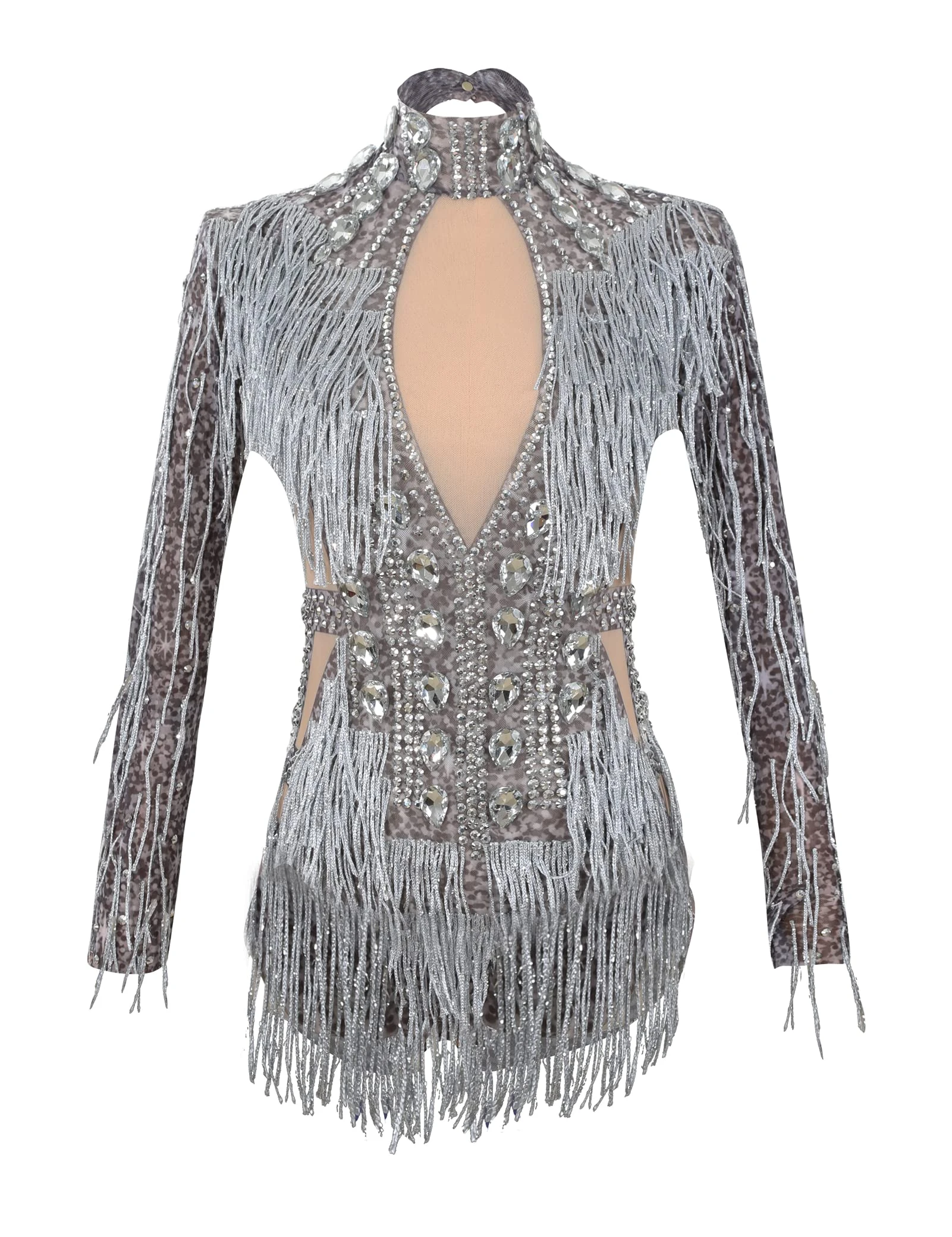 YUANTONG See Through Mesh Rhinestone Bodysuits For Women Sexy Fringe Leotard Drag Queen Outfit Long Sleeve Birthday Dance Carnival Costumes Grey