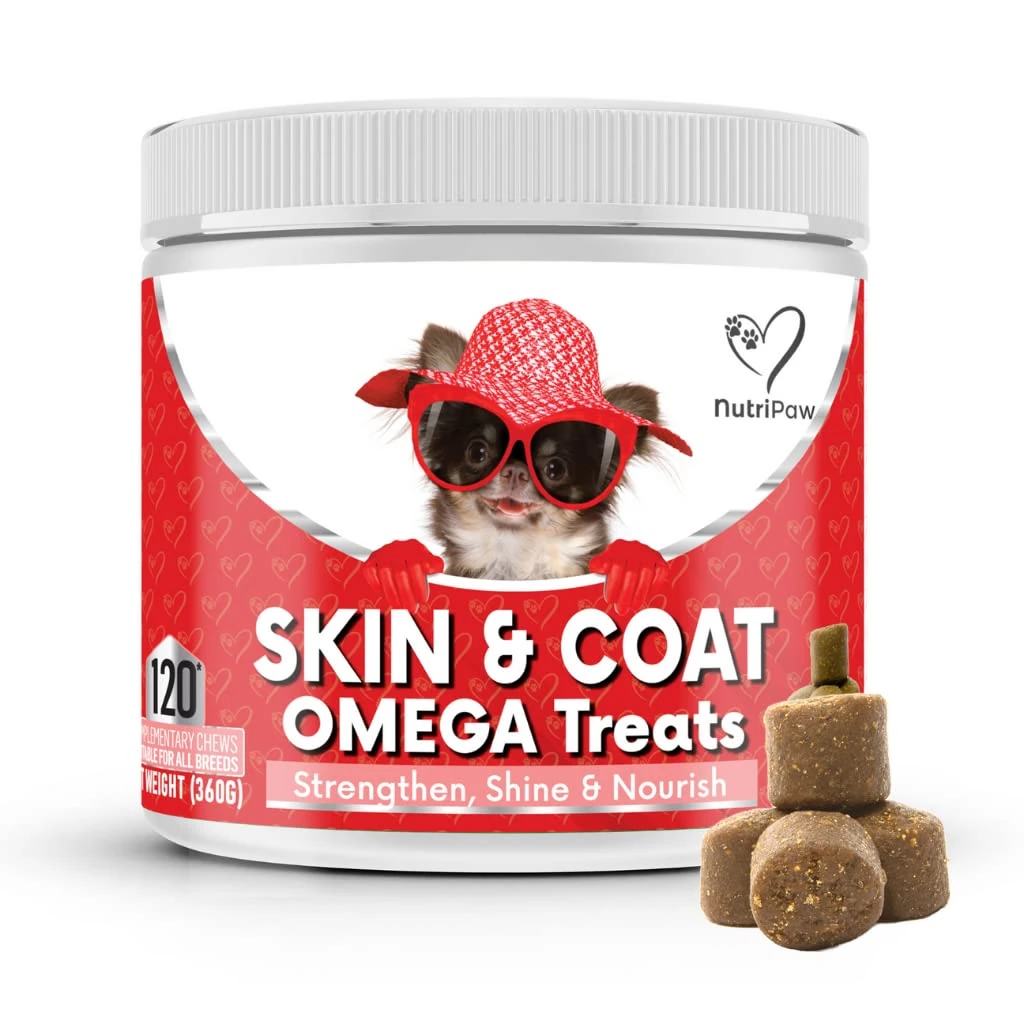 NutriPaw Skin & Coat Omega Treats - Nourish, Strengthen, Protect Skin & Coat, Reduce Excessive Shedding - Rich in EPA & DHA - Perfect for Small, Medium and Large Dogs