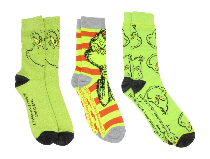Bioworld Dr. Seuss The Grinch Who Stole Christmas Crew Socks 3 Pair Pack, Multi