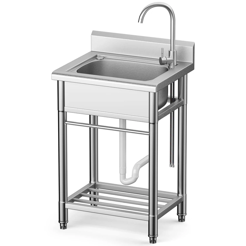 Utility Sink Free Standing Single Bowl Kitchen Sink with Cold and Hot Water Pipe Stainless Steel Sink for Laundry Room Bathroom Farmhouse