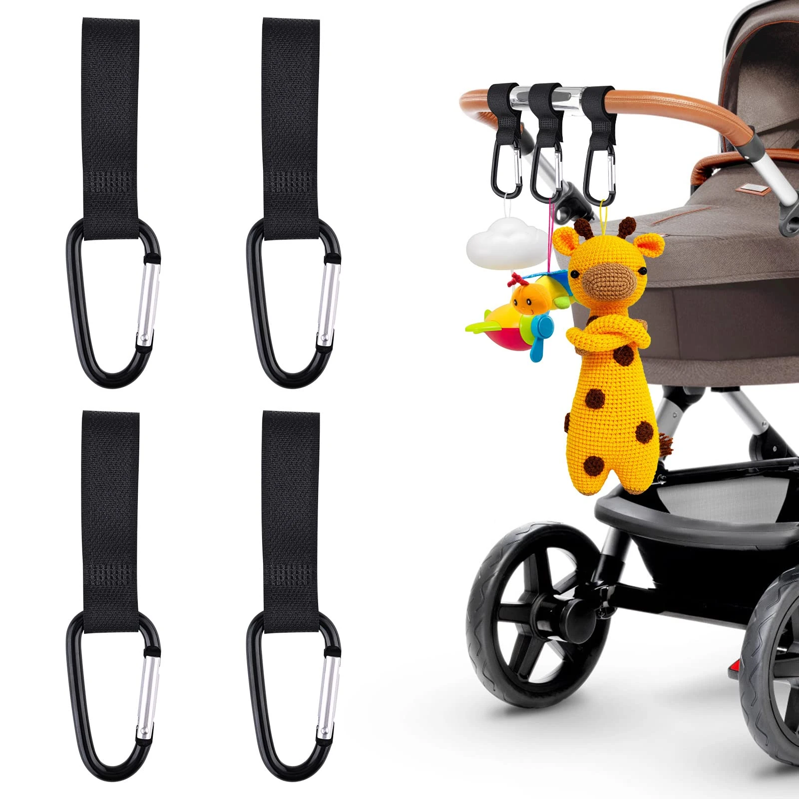 Bekecidi 4 PCS Buggy Clips Hooks Baby Bag Clips Pushchair Hooks Pram Clips Adjustable Stroller Hooks Pram Accessories Hook Your Shopping Bags Handbag on Pushchair Stroller (Black)