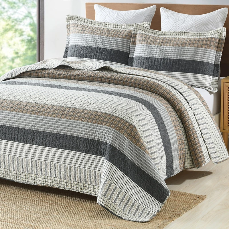 PANGUSHAN Bettwäsche-Set aus 100% Baumwolle, Queen-Size-Größe, Patchwork-Karomuster, Queen-Size-Bettwäsche-Set, Tagesdecken, leicht, wendbar, Bettüberwurf für alle Jahreszeiten, 3-teilig