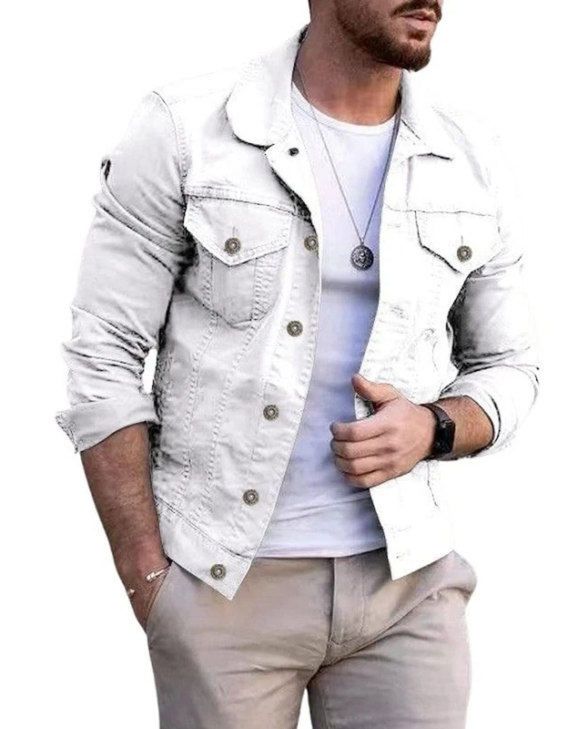CHARTOU Men's Denim Jacket Casual Regular Fit Button Down Long Sleeve Jean Trucker Jacket, White, M