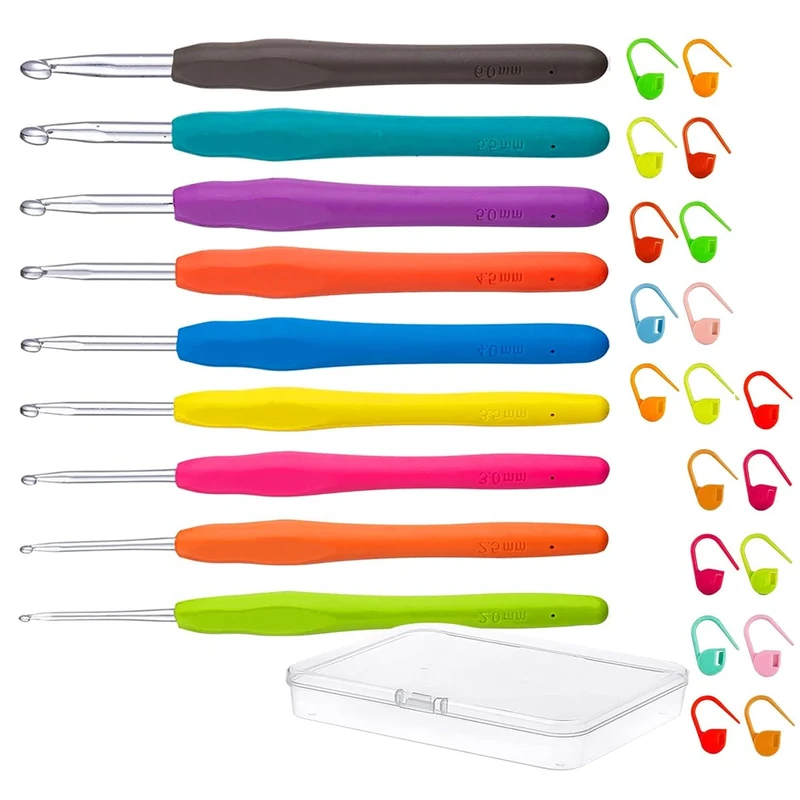 30Pcs Crochet Hooks Set 9Pcs Aluminium Soft Grip Rubber Handle Needles+20Pcs Crochet Locking Stitch Markers with Case Knitting Accessories Tools Ergonomic Soft Grip Handles 2.0mm-6.0mm