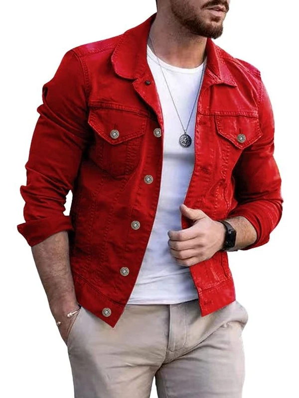 CHARTOU Men's Denim Jacket Casual Regular Fit Button Down Long Sleeve Jean Trucker Jacket, Red, XL