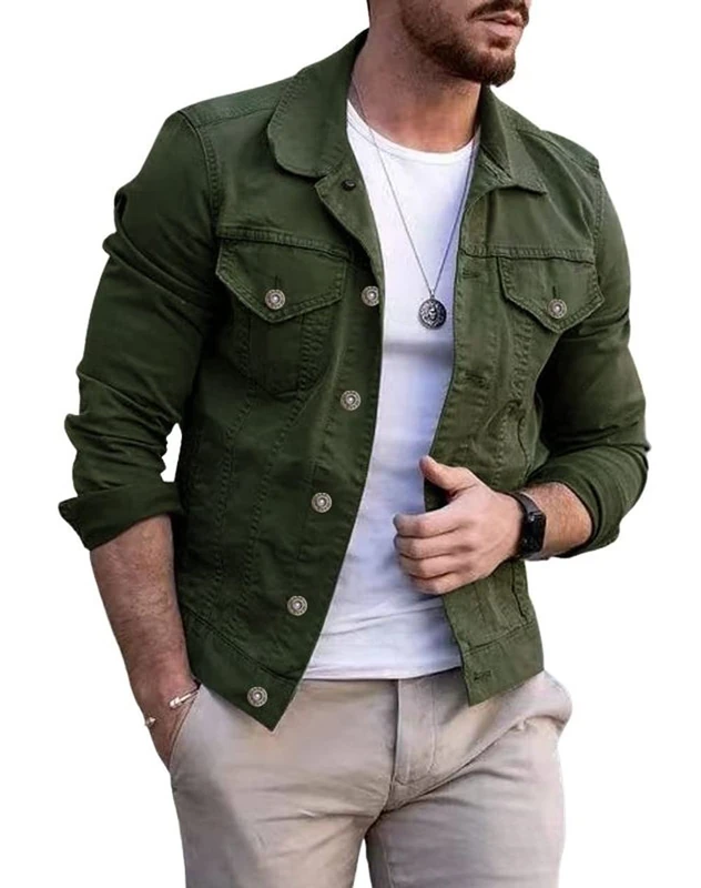 CHARTOU Men's Denim Jacket Casual Regular Fit Button Down Long Sleeve Jean Trucker Jacket, Army Green, XL
