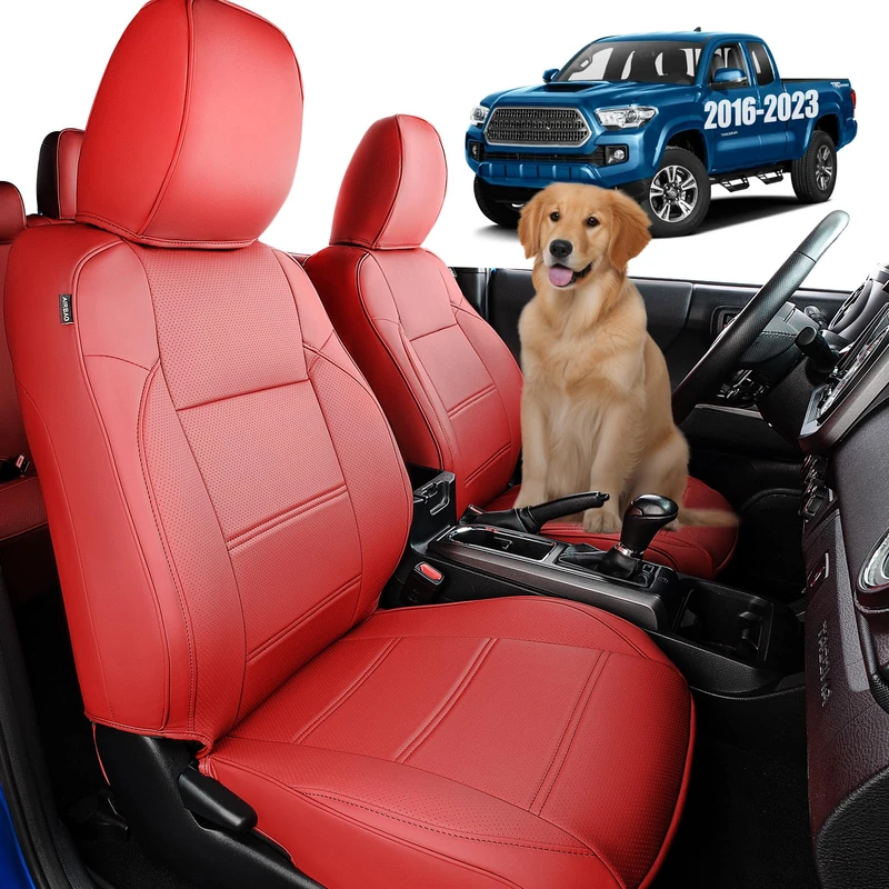DrCarNow Toyota Tacoma Seat Covers 2016-2023, Red Synthetic Leather, Crew Cab/Double Cab, Not Fit Fourth Gen, Upgraded Reinforced Zipper - Image 1